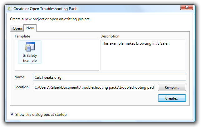 Create or Open Troubleshooting Pack window.